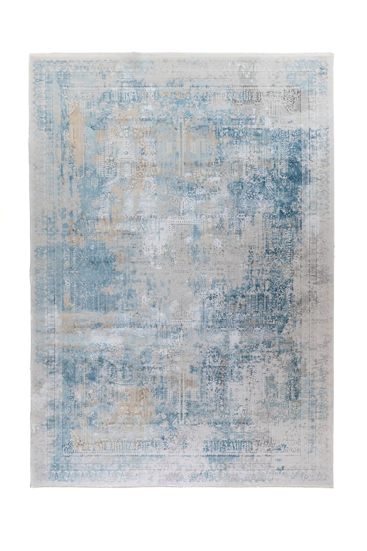Alfombra rectangular Nordic Blue en tonos azul y gris con diseño abstracto desgastado