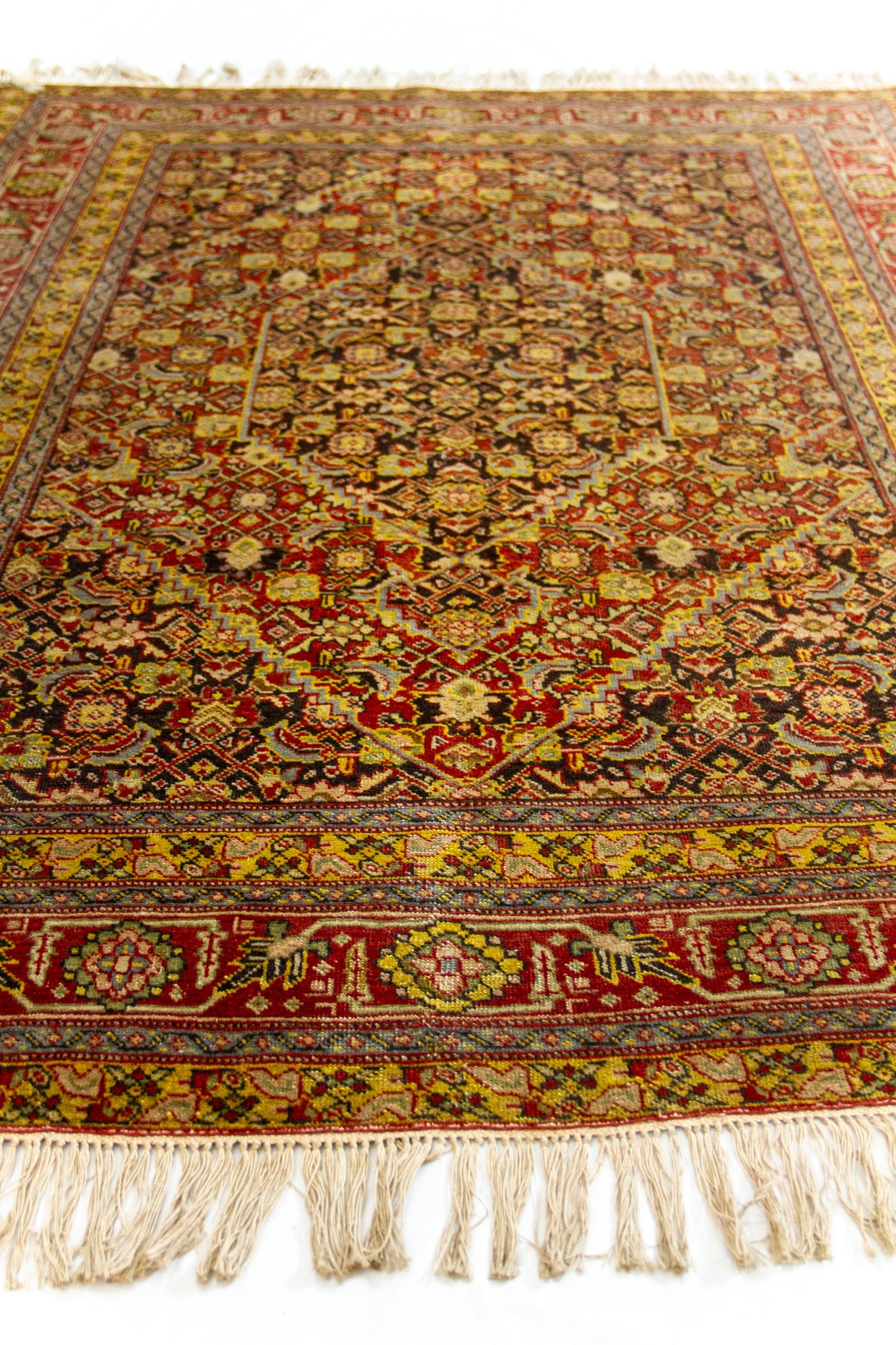 Vista lateral de una alfombra oriental mostrando el borde decorativo en tonos rojo, verde oliva y mostaza, con flecos de algodón natural.