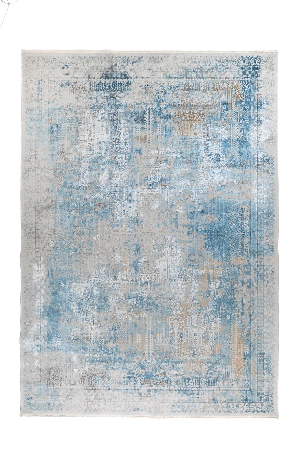 Alfombra rectangular Palace Blue en tonos celeste y gris con diseño abstracto desgastado
