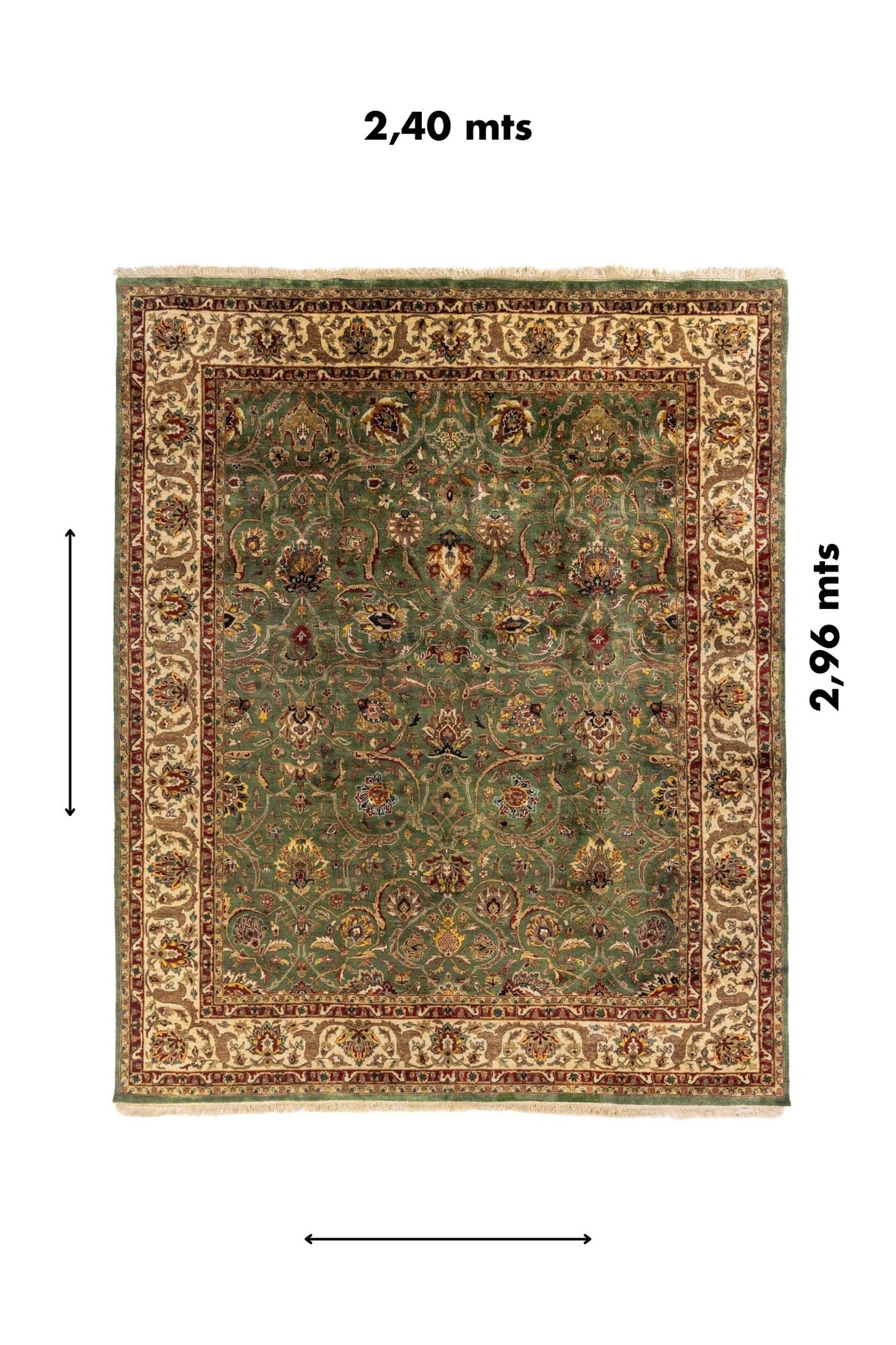 Medidas de alfombra verde: 2,40 x 2,96 m, con flechas de referencia y vista frontal completa.