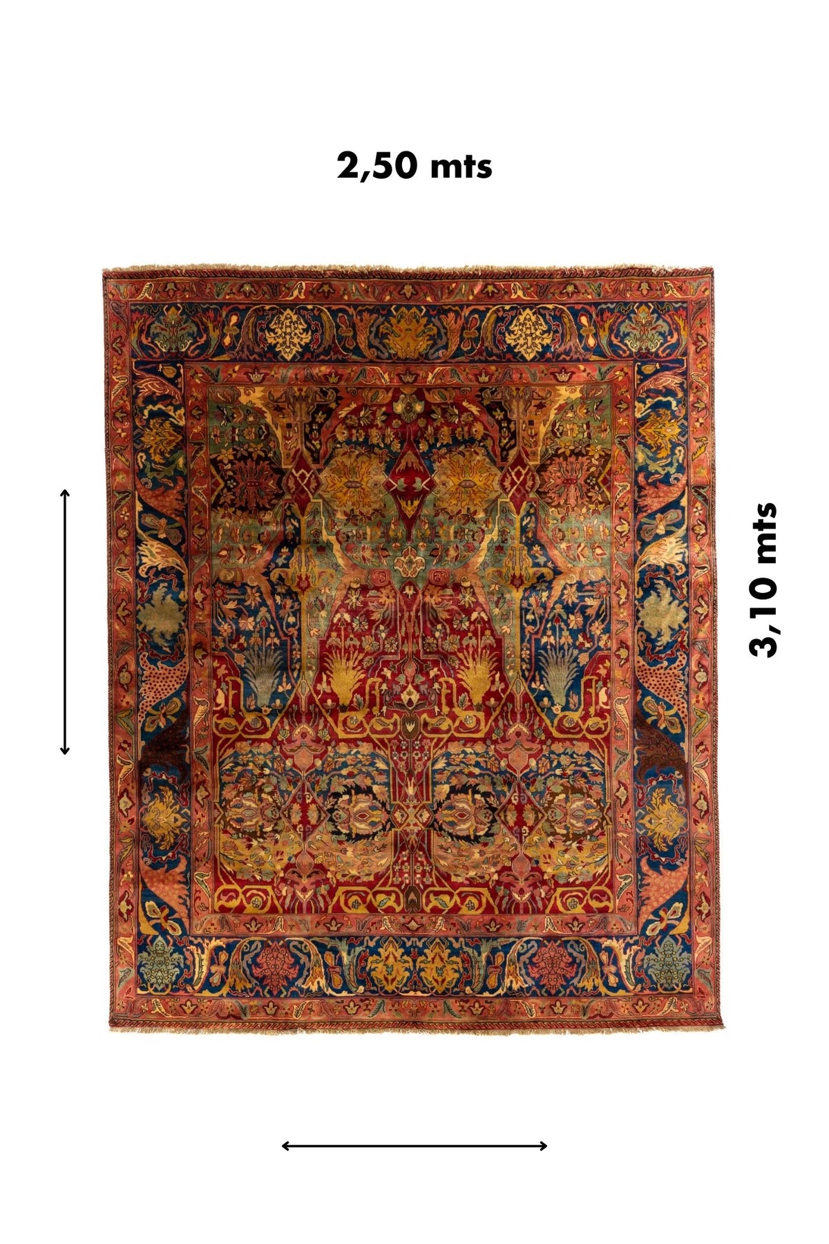 Alfombra rectangular de 2,50 x 3,10 metros con diseño oriental en tonos rojo, azul, rosado y dorado.