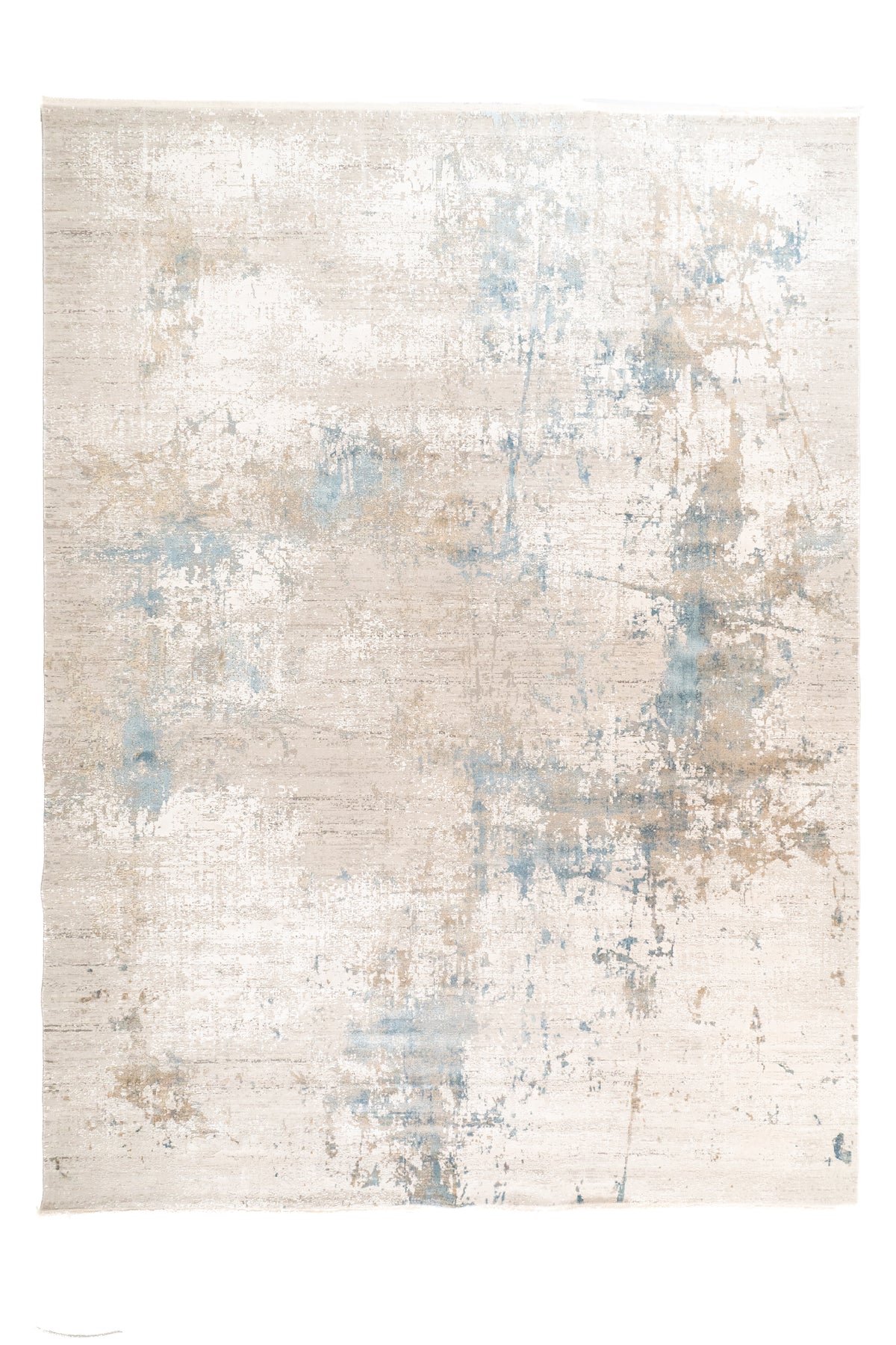 Alfombra decorativa rectangular gris con diseño abstracto en tonos celestes.