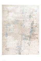 Alfombra decorativa rectangular gris con diseño abstracto en tonos celestes.