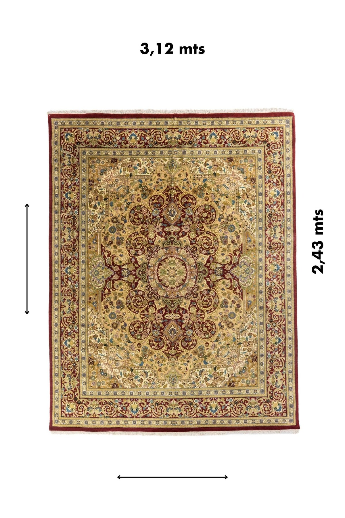 Medidas de la alfombra 3,12 x 2,43 m con medallón central, campo beige y guarda roja.