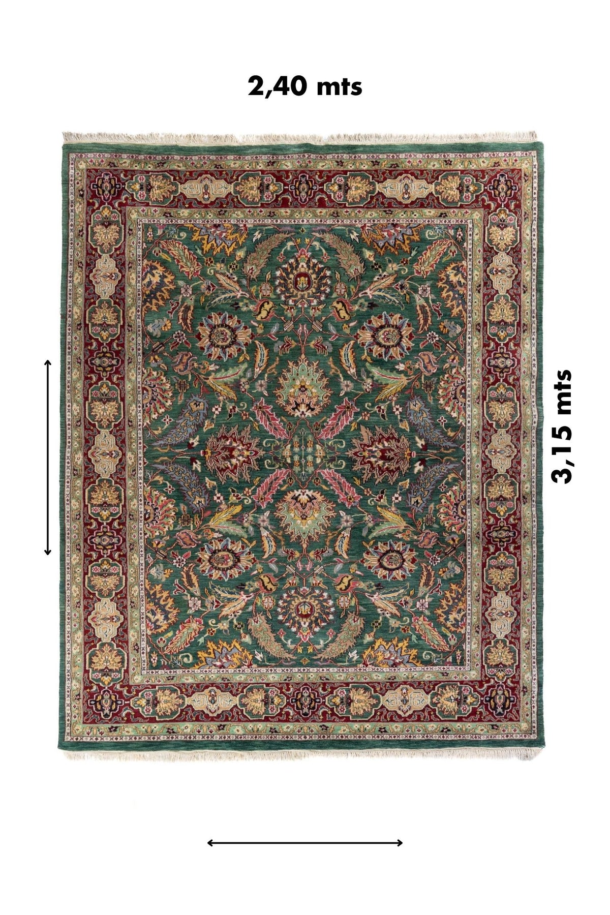 Alfombra oriental verde con medidas señaladas de 2,40 x 3,15 metros, vista frontal completa.