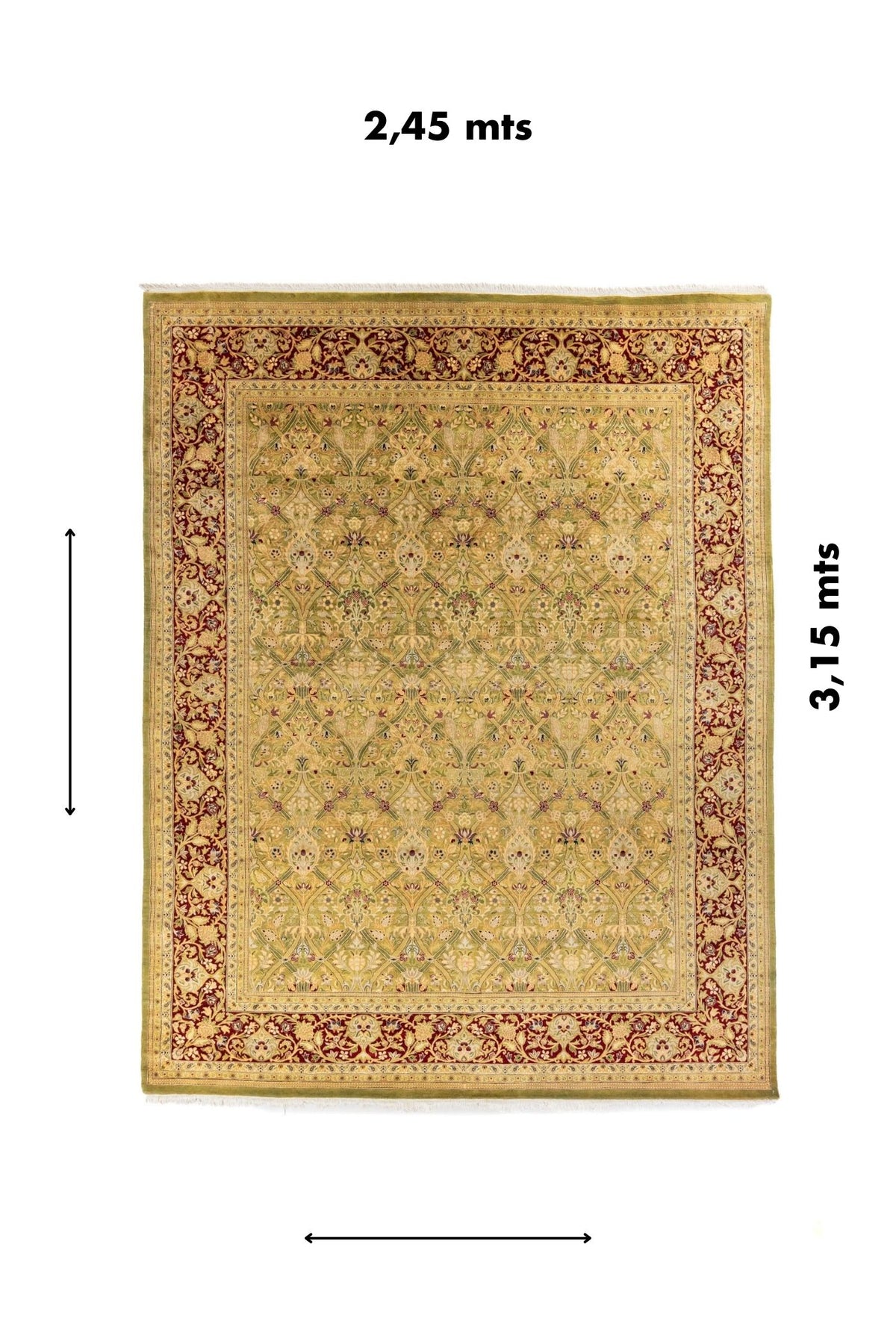Vista completa de alfombra clásica oriental con medidas señaladas de 2,45 mts x 3,15 mts, fondo verde oliva y borde floral rojo vino.