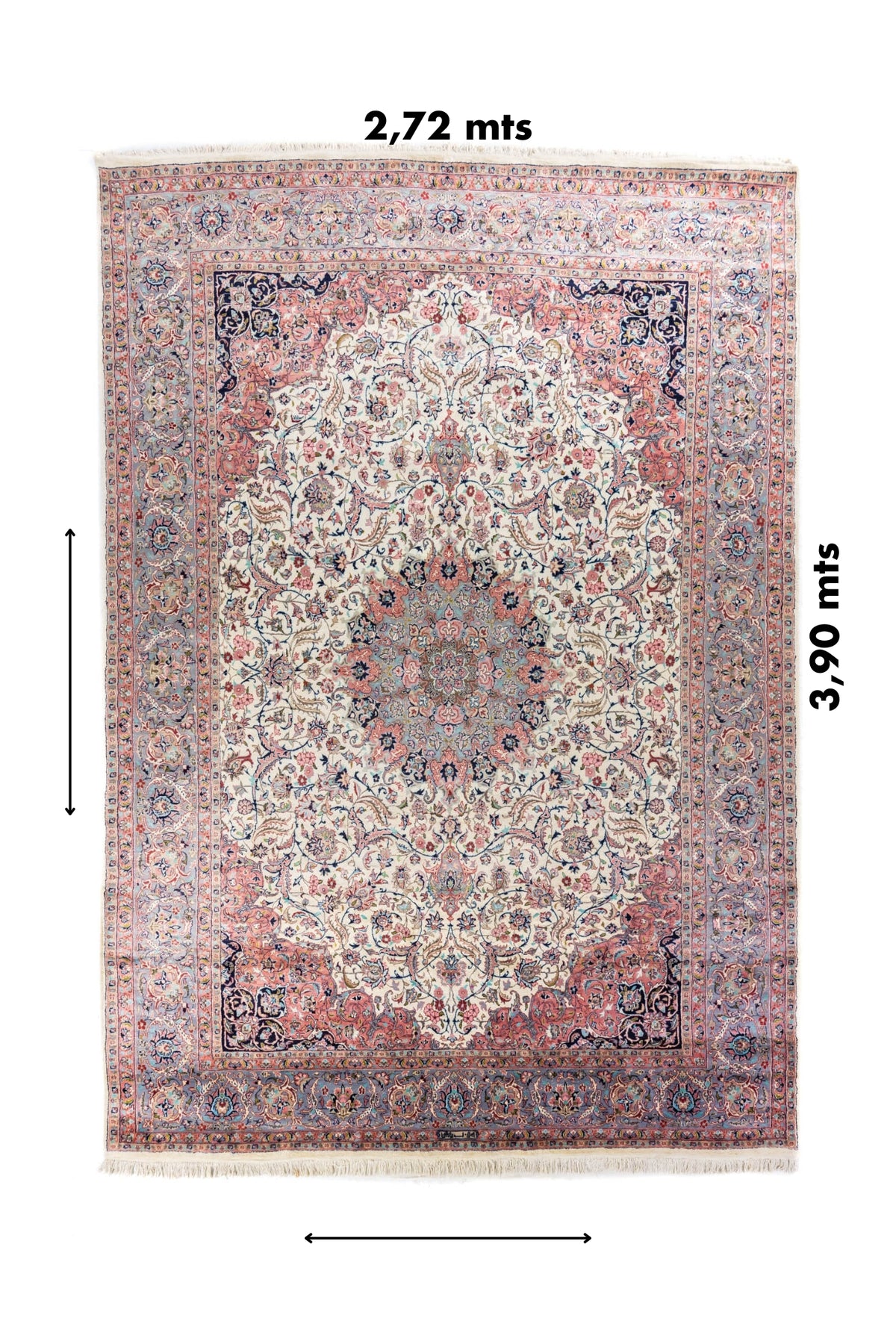 Alfombra persa clásica de 2,72 x 3,90 metros con medallón central floral y amplia guarda decorativa en tonos suaves.