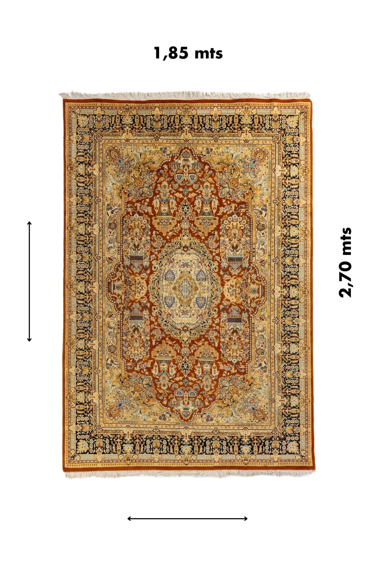 Alfombra clásica persa con diseño floral y medallón central mostrando medidas de 1,85 metros por 2,70 metros.