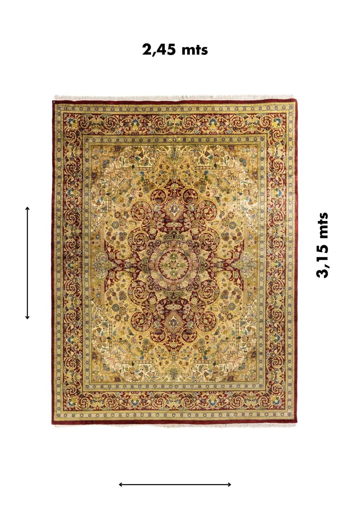 Alfombra persa completa con diseño floral y medallón central mostrando medidas aproximadas de 2,45 x 3,15 metros.