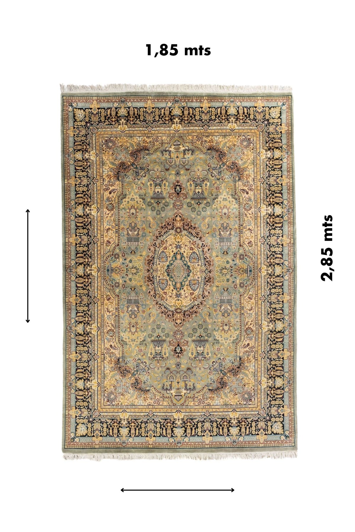 Alfombra rectangular de 1,85 x 2,85 metros con diseño clásico oriental, medallón central y paleta en celeste, beige, azul oscuro y dorado