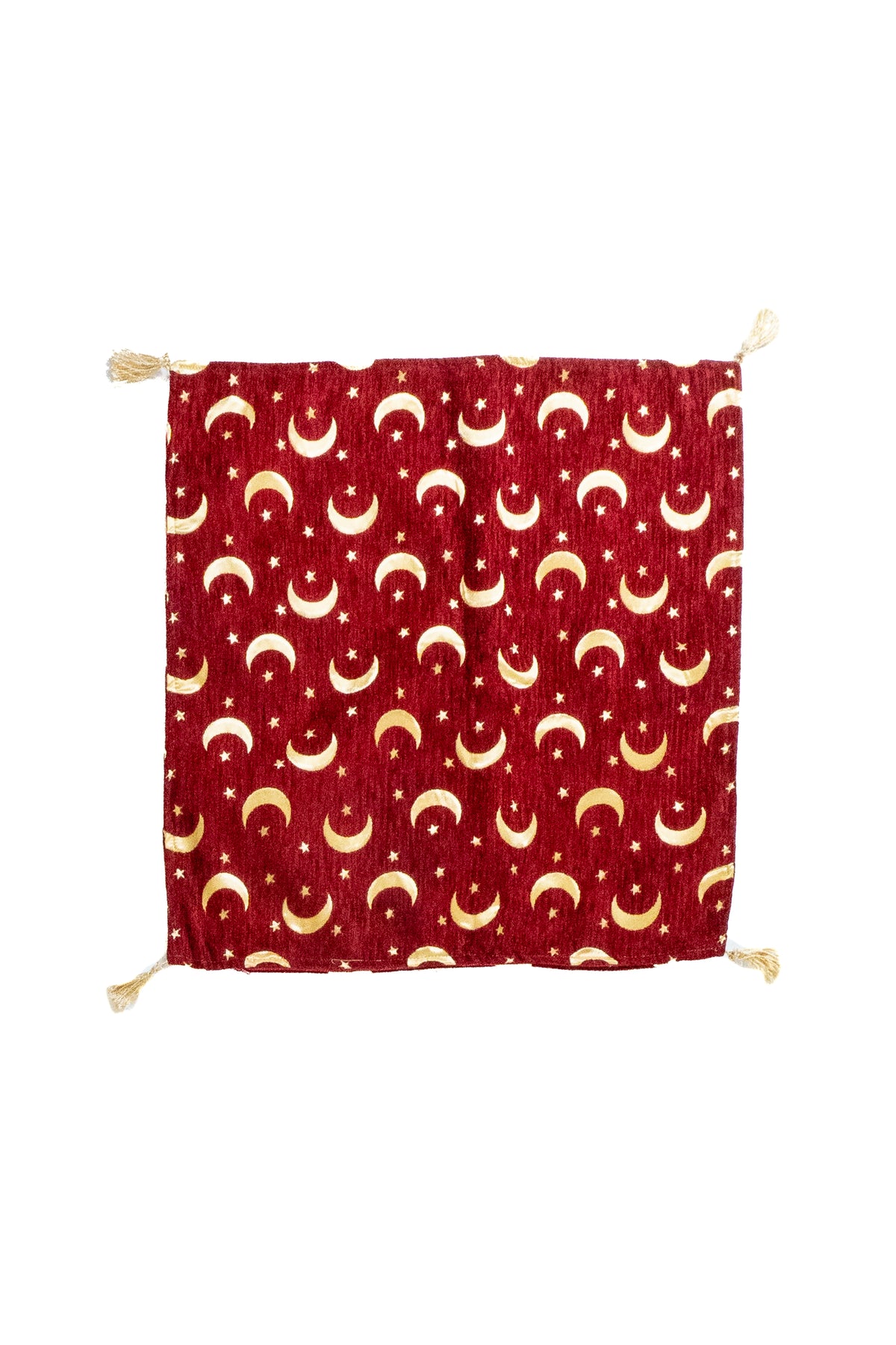 Tela grande de almohadón Kayseri roja  con diseño de lunas doradas