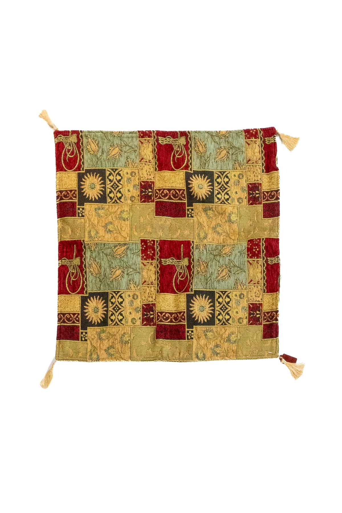 Tela grande de almohadón Kayseri cuadrada de 65 x 65 cm con diseño patchwork en verde, rojo y dorado