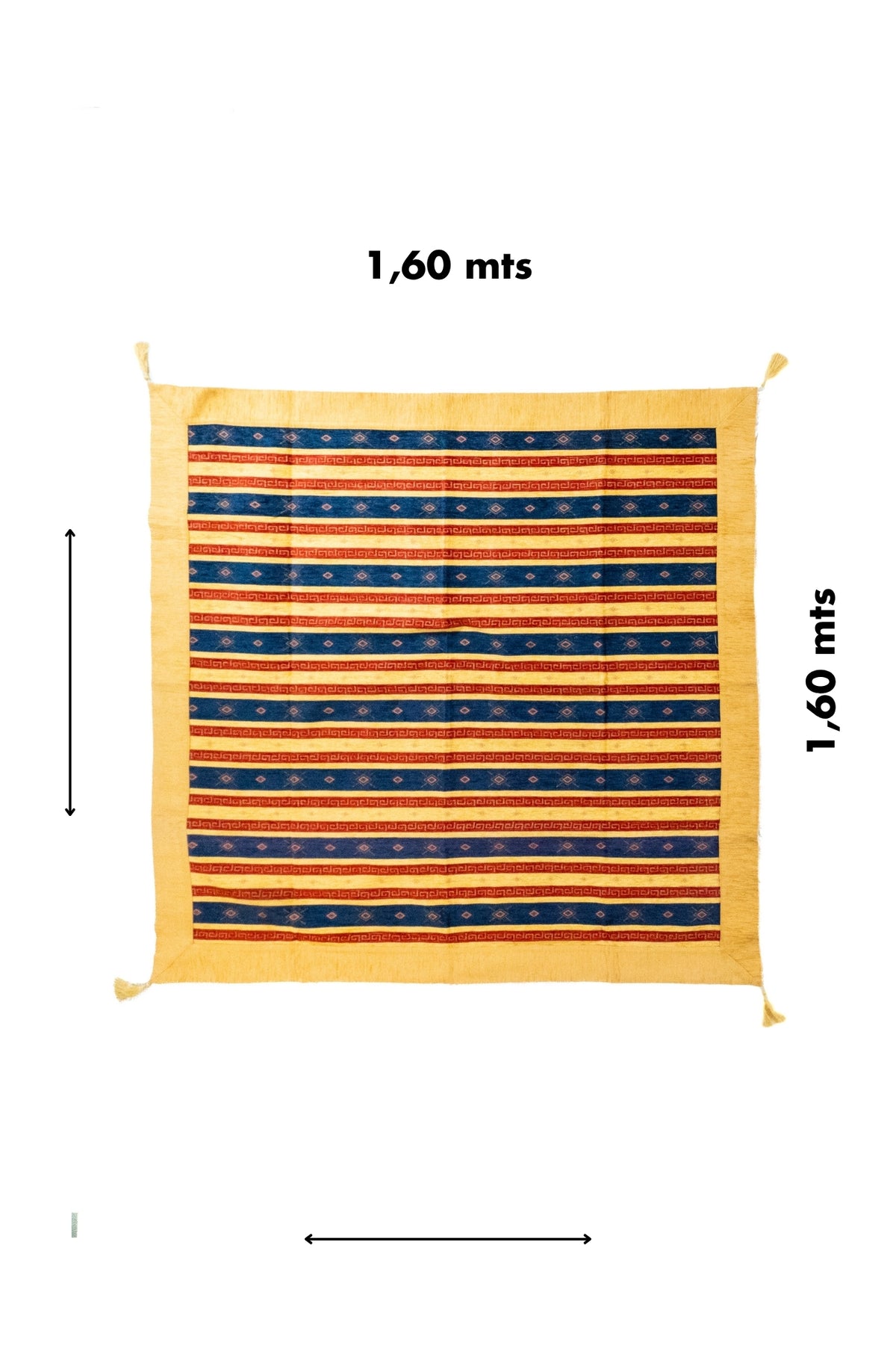 Textil decorativo cuadrado de 1.60 x 1.60 mts en tonos amarillo, azul y rojo con diseño de rayas