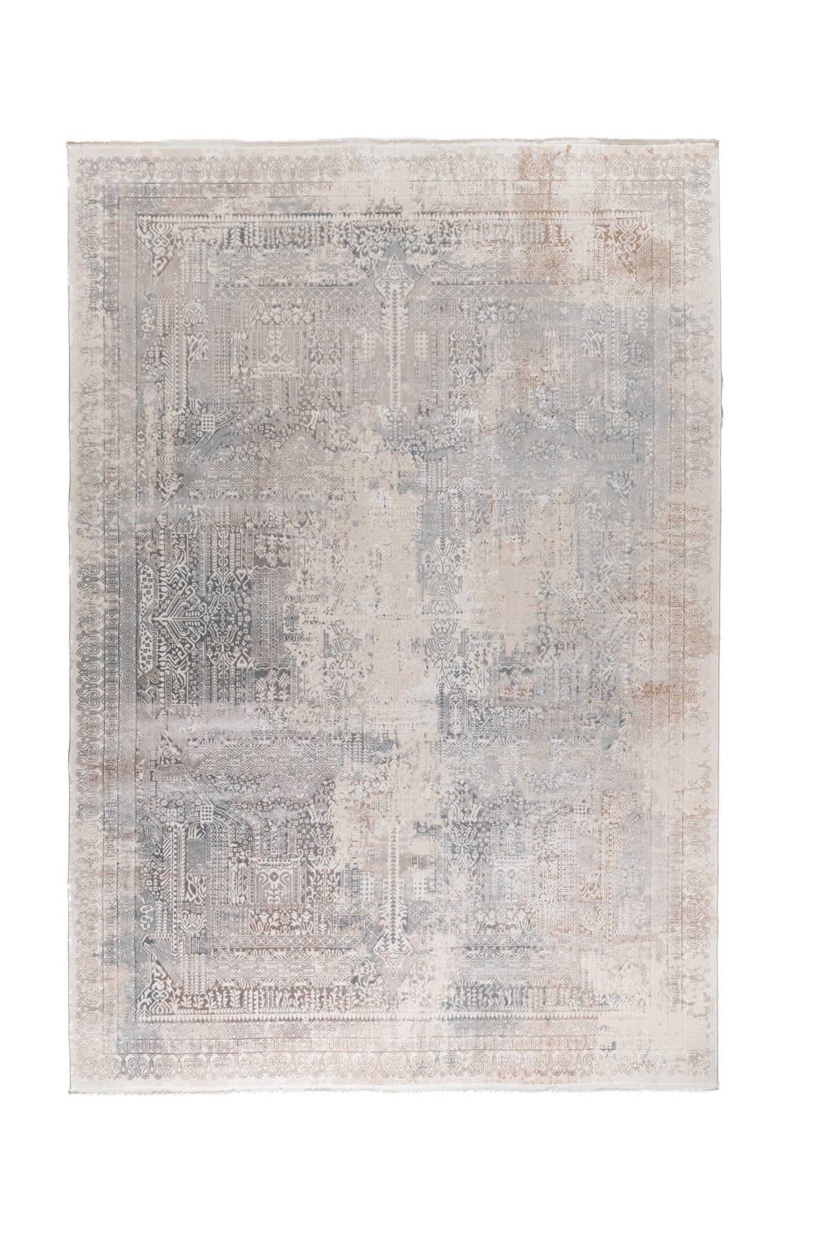 Alfombra rectangular Vintage Wash en tonos celeste y gris con diseño geométrico desgastado