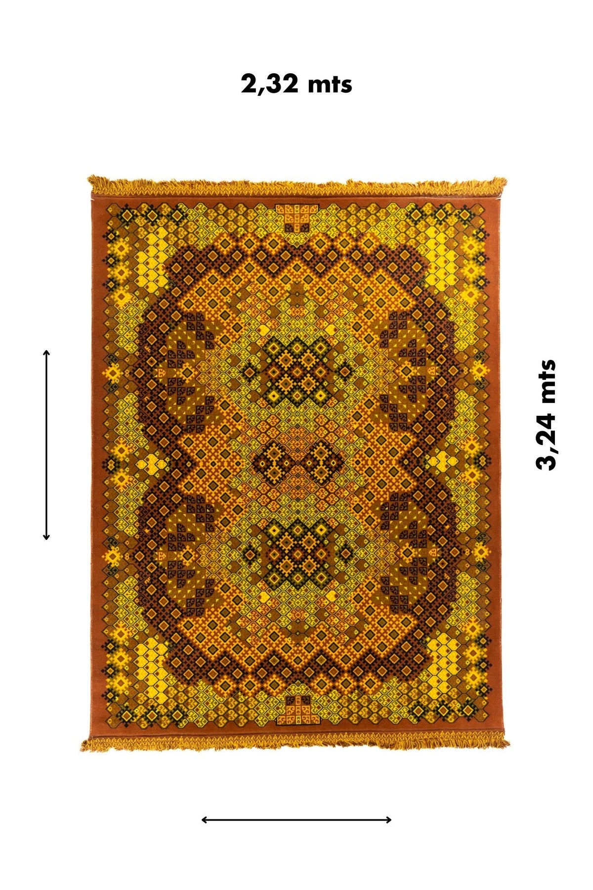Alfombra rectangular de 2,32 x 3,24 metros con diseño geométrico en tonos amarillo, rojo, marrón y negro
