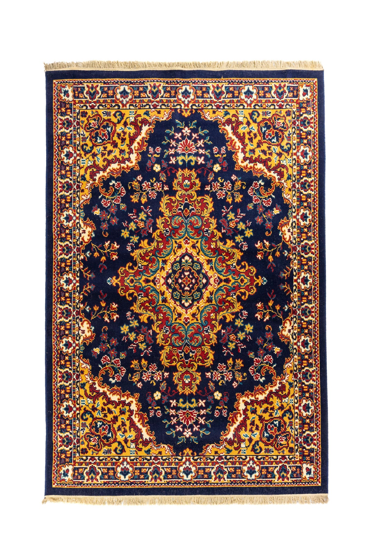 Alfombra clásica oriental en tonos azul, dorado y rojo con medallón central ornamental y guarda geométrica detallada.