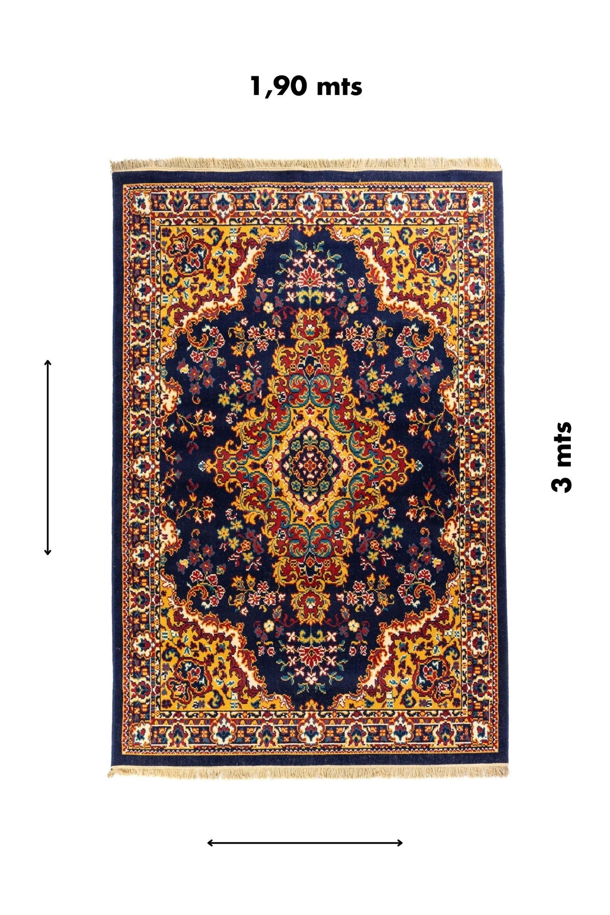 Alfombra oriental clásica con medallón central, fondo azul intenso y medidas de 1,90 x 3 metros.