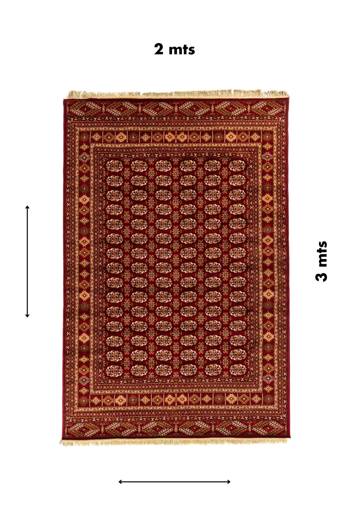 Alfombra oriental clásica roja con diseño geométrico repetitivo y medidas de 2 x 3 metros.