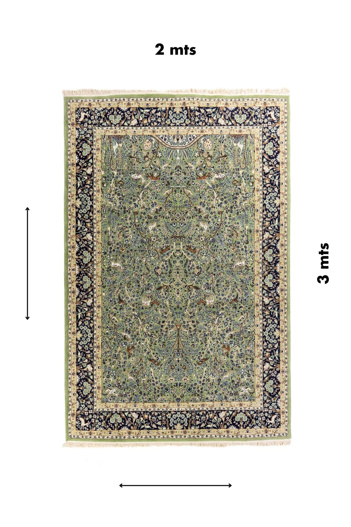 Alfombra clásica verde de 2 x 3 metros con diseño floral oriental, figuras animales y guarda azul oscuro