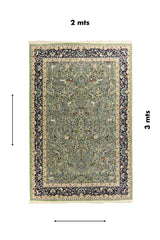 Alfombra clásica verde de 2 x 3 metros con diseño floral oriental, figuras animales y guarda azul oscuro