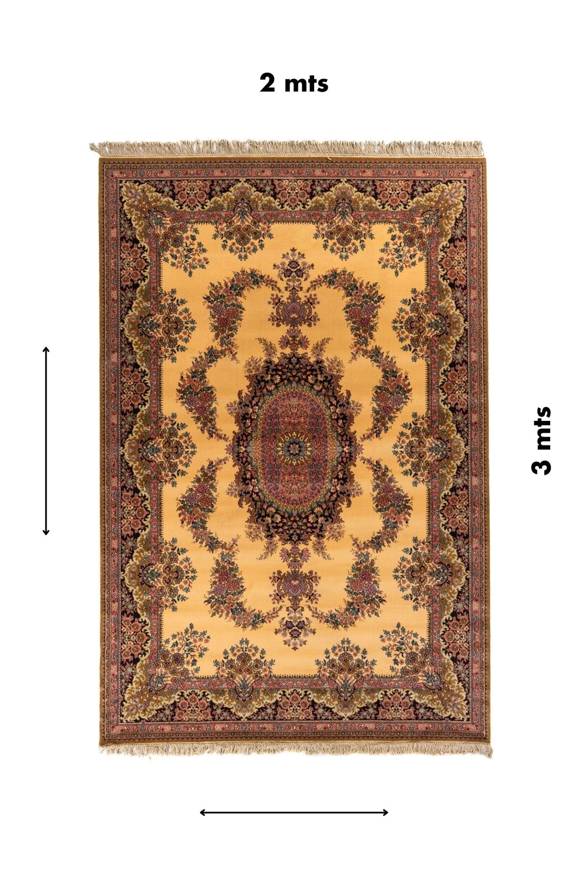 Alfombra rectangular de 2 x 3 metros con diseño floral clásico, medallón central y guarda ornamental en tonos beige, rosa y dorado.