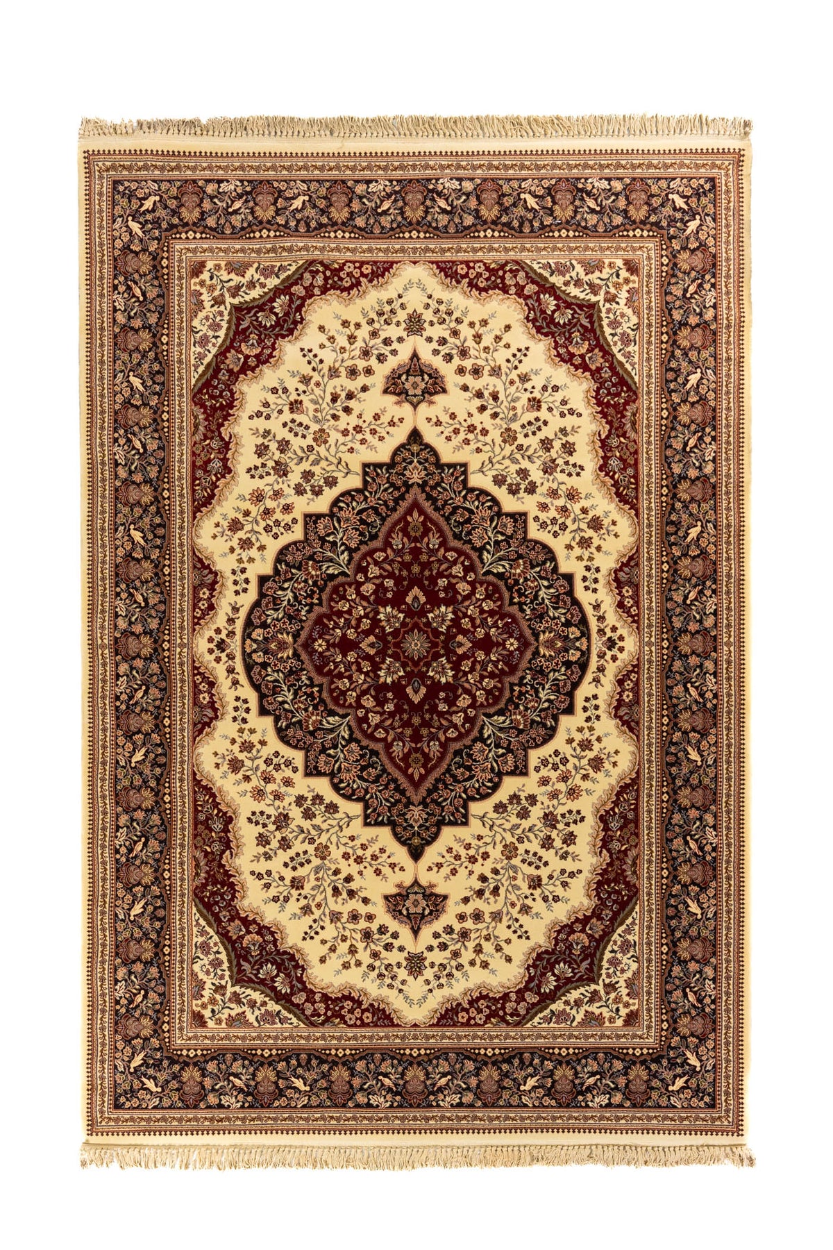 Alfombra clásica de estilo oriental con fondo beige, gran medallón central en tono rojo y guarda floral oscura con flecos en los extremos.