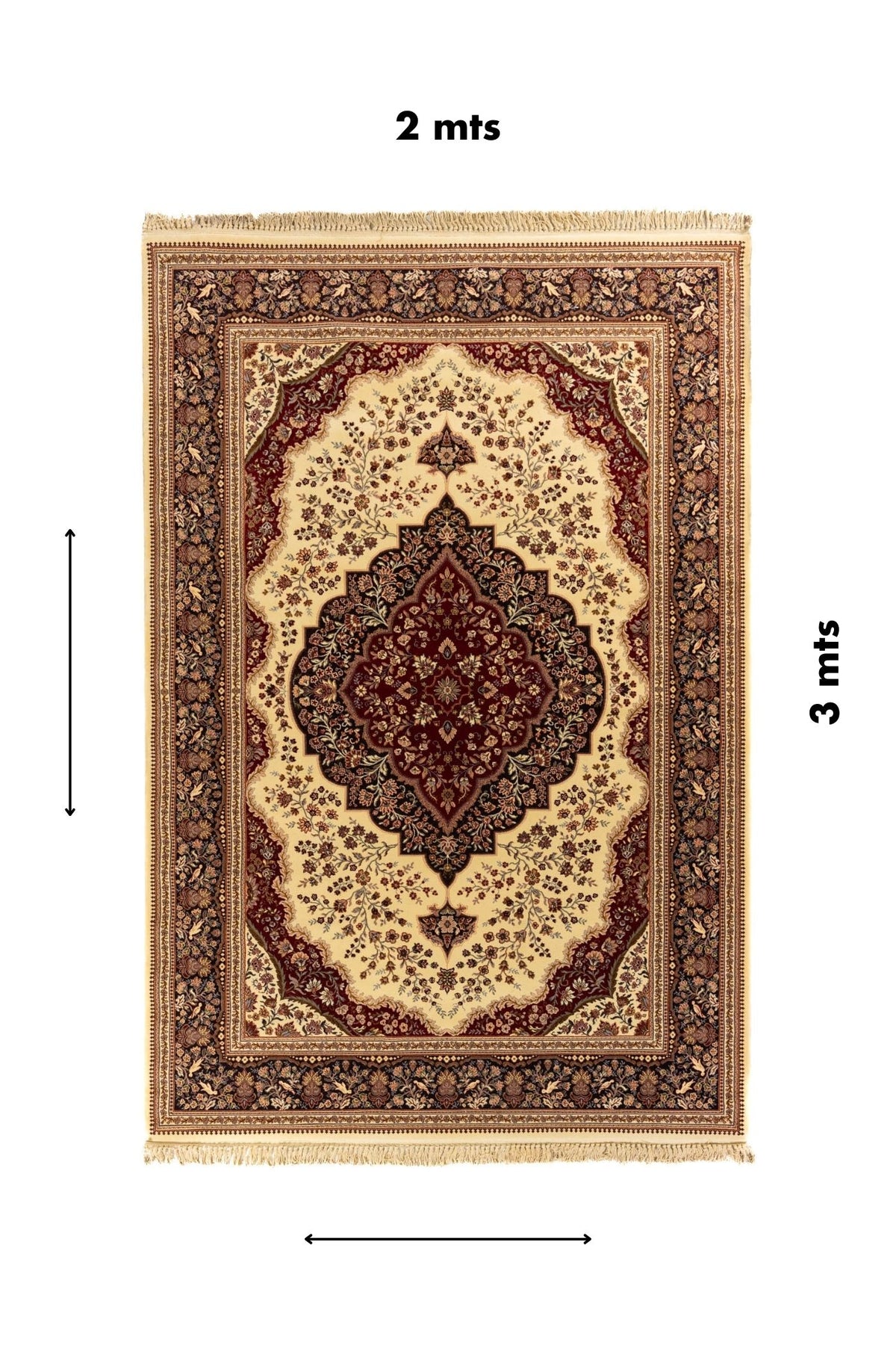 Alfombra rectangular de 2 x 3 metros con diseño clásico oriental, medallón central rojo, fondo beige y borde floral oscuro.