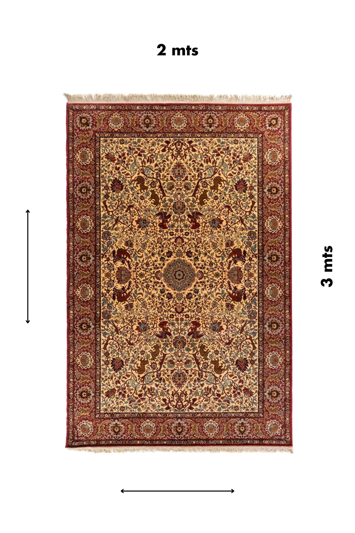 Alfombra oriental clásica con fondo beige, guarda roja decorativa, motivos florales y animales, y medidas de 2 x 3 metros.