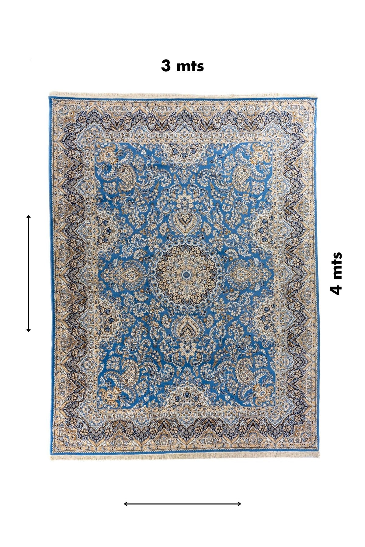 Vista frontal completa de una alfombra azul de 3x4 metros con diseño floral persa detallado y medallón central simétrico.