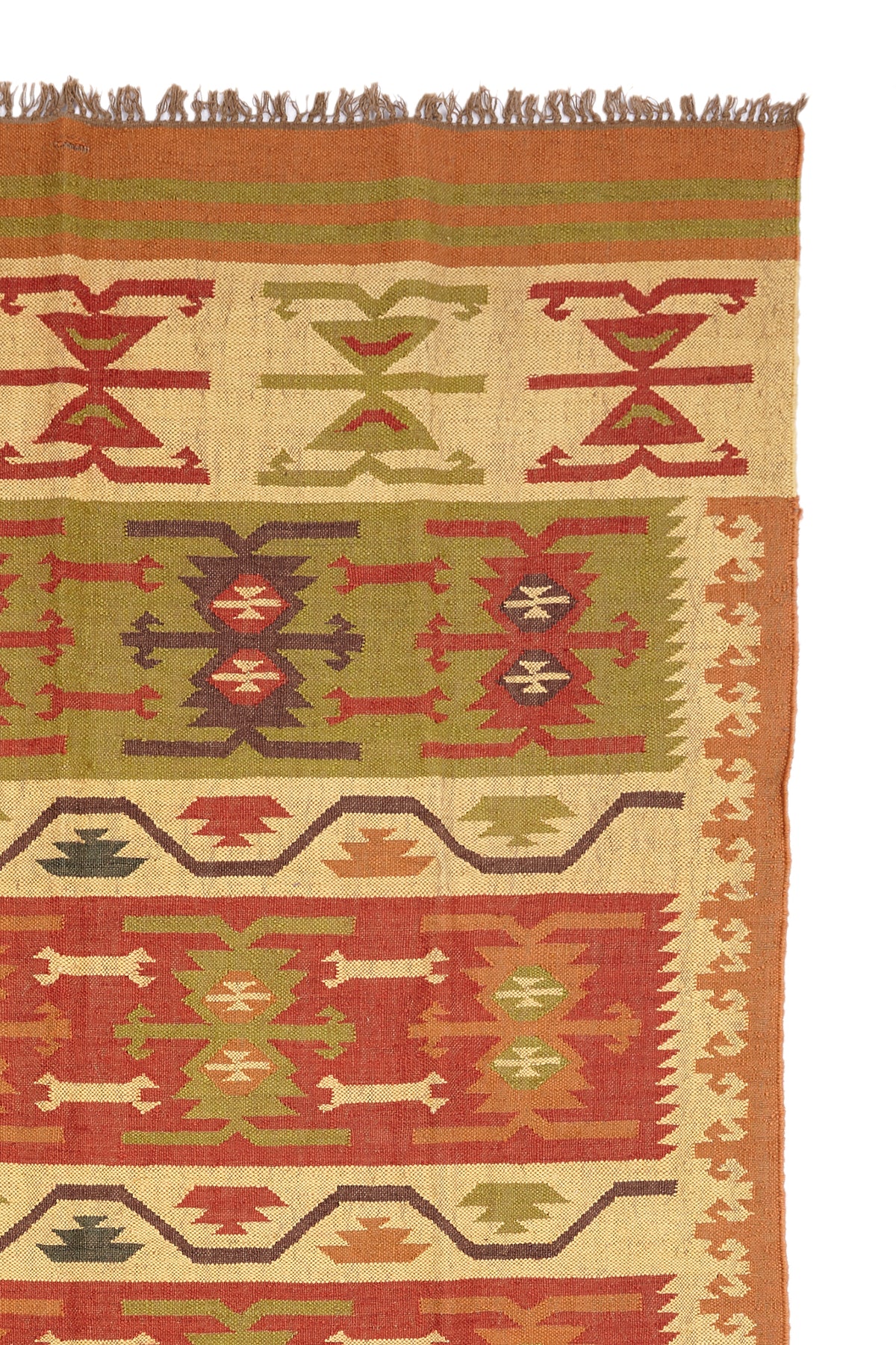  Alfombra Kilim Beige de Kerestegian con diseño geométrico tribal en tonos tierra. 