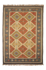 Alfombra Kilim Kazak beige con diseño geométrico tribal en tonos ocres y marrones, con motivos de rombos y líneas entrelazadas.